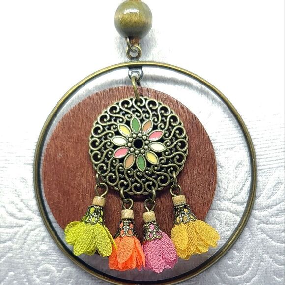 Boho 3pc Matching Set Medallion Flower Petals Necklace + Earrings Tribal Jewelry - Picture 3 of 8